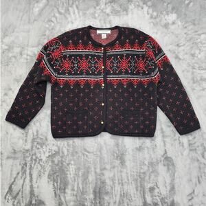 Vintage Crystal-Kobe Sweater Womens L PETITE Black Red Snowflake Cardigan Winter